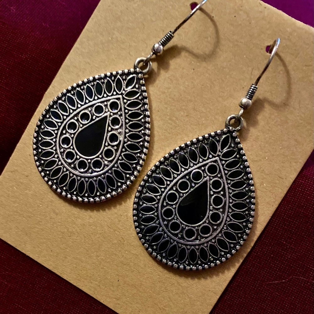 I AM Jewelry Dangle Teardrop-Silver-Tone and Black Earings